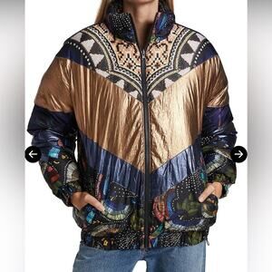 Farm Rio Metallic Puffer Jacket Women's Small Borogodo Golden Reversible Nwt